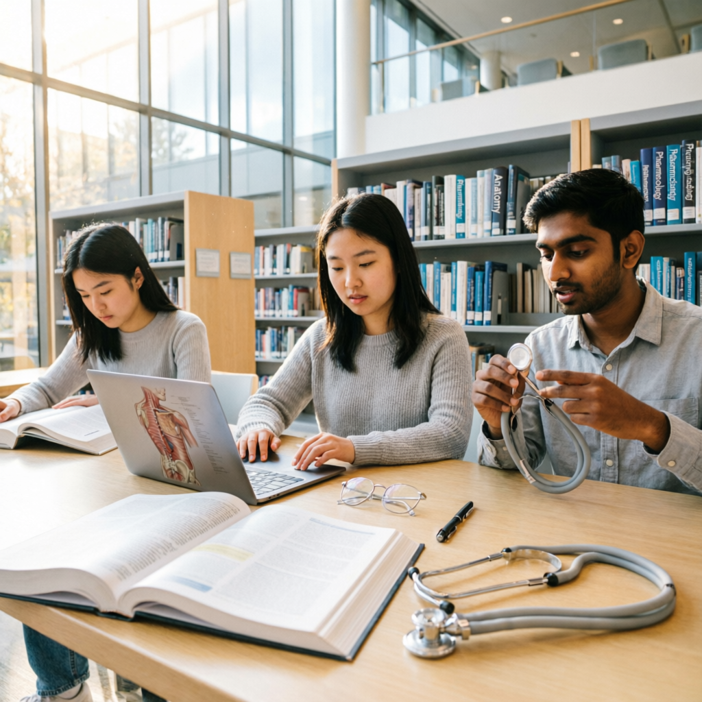 Students studying medical education in a modern library